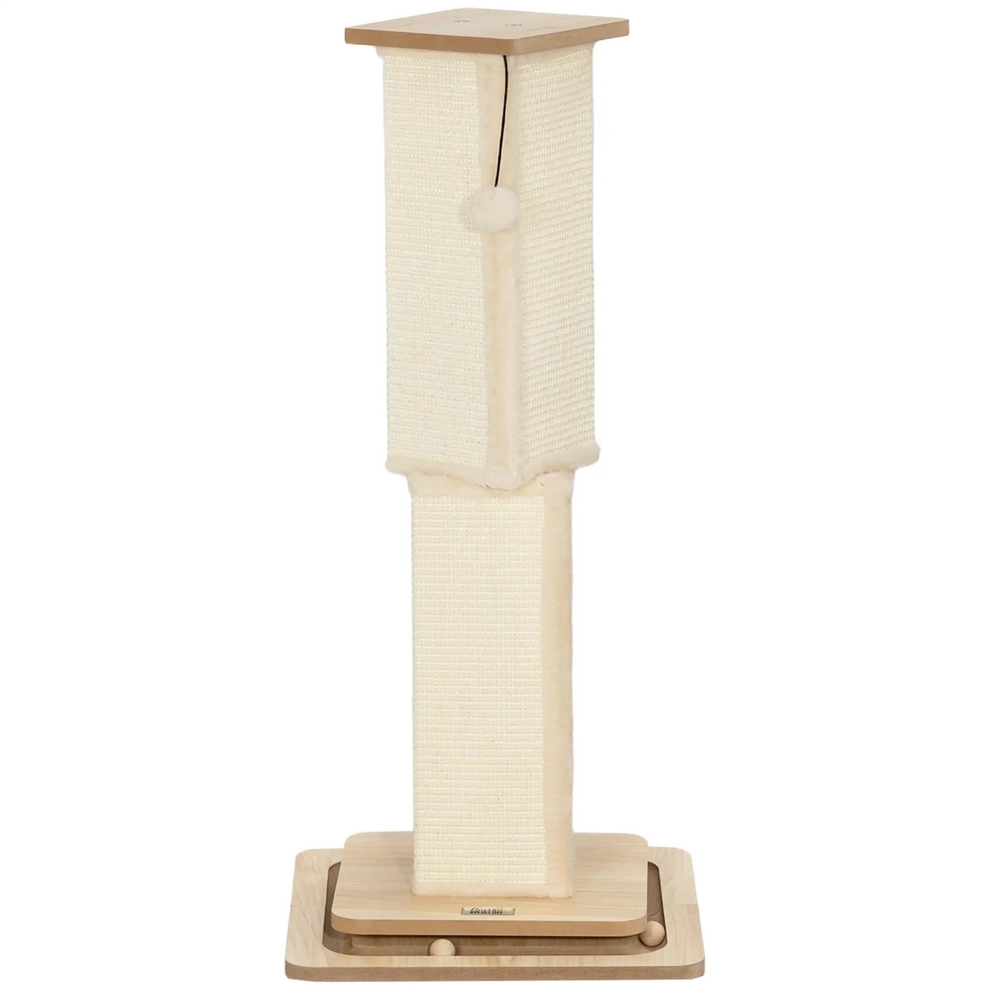 Poste Arranhador para Gatos 87 cm Arranhador para Gatos com Bola Suspensa Trilho com Bola e Poste de Sisal Bege e Madeira
