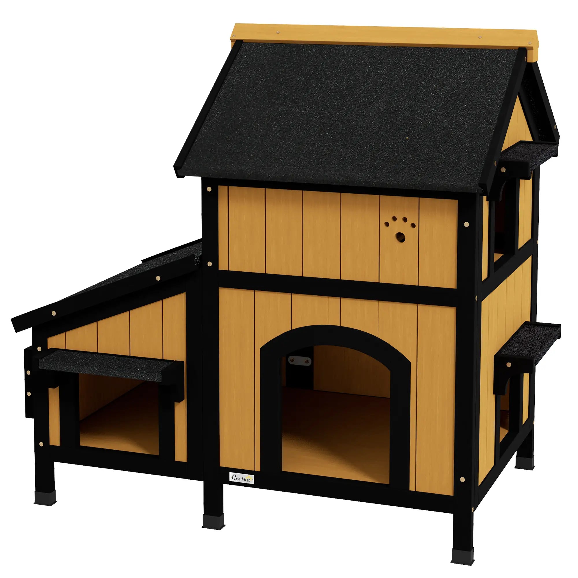 Casa para Gatos de Madeira com Suporte para Flores de 2 Níveis e Teto Asfáltico 96x65x85,5 cm Cinza