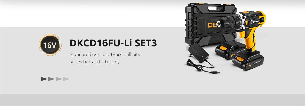 DEKO 12V 16V 20V SET1 Berbequim sem fio 2 velocidades Aparafusadora elétrica DIY Mini chave de fendas sem fio Bateria de iões de lítio DC 3/8 polegadas