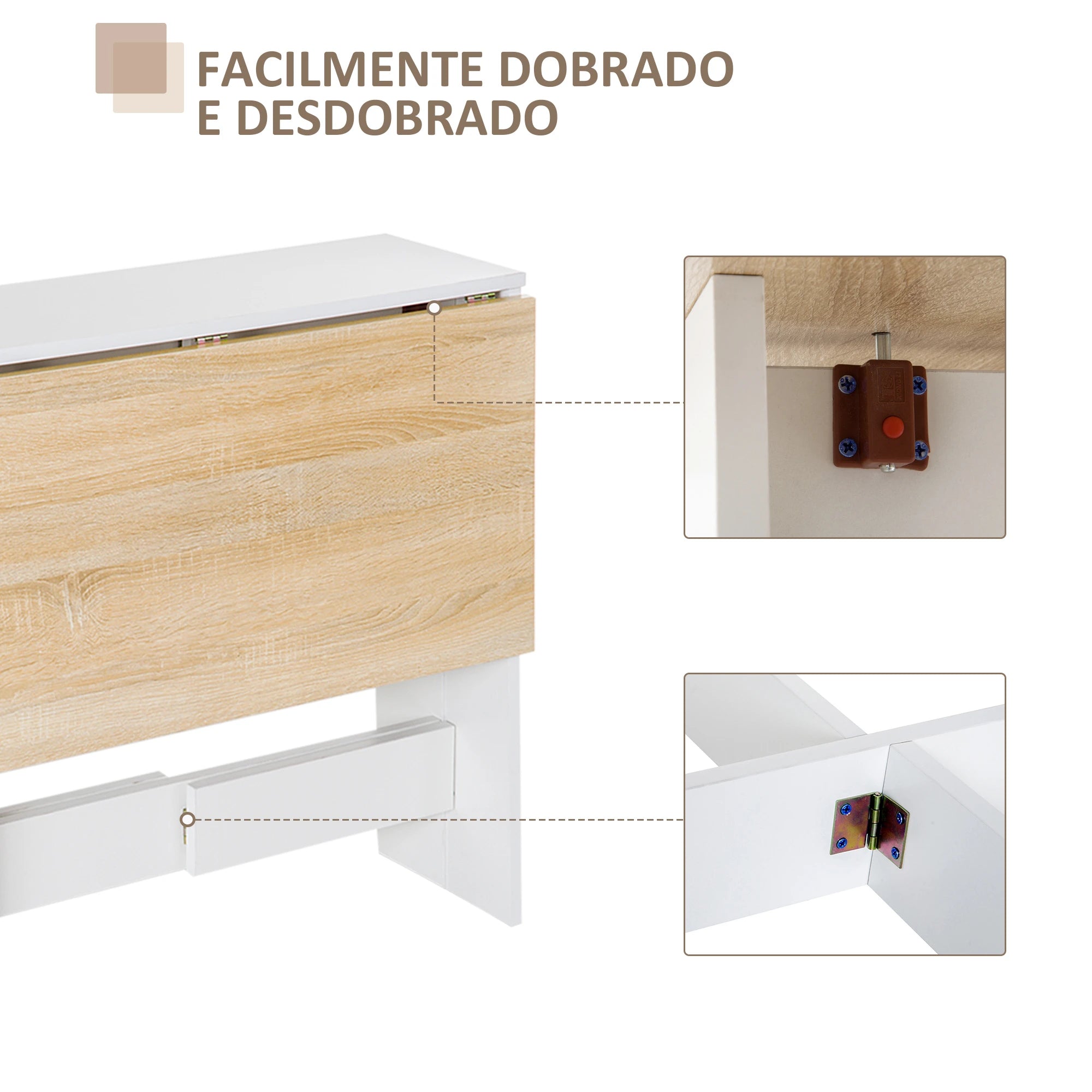 Mesa Sala de Jantar Dobrável Madeira e Branco Laterais Abatíveis