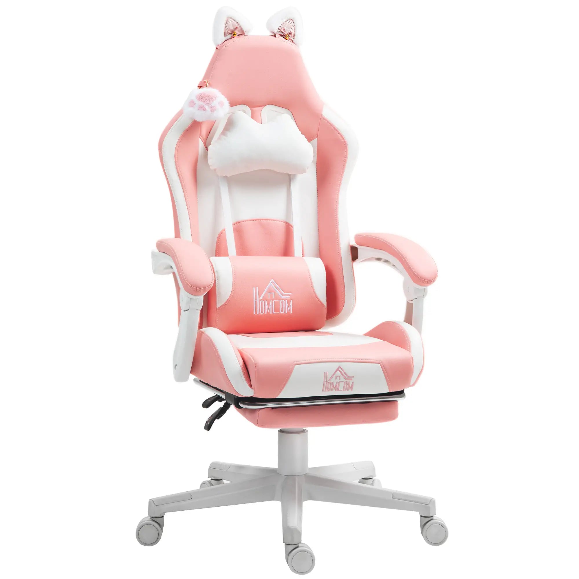 Cadeira Gaming com Orelhas Cadeira Gamer Reclinável com Altura Ajustável e Suporte Lombar 65x62x116-124 cm Rosa e Branco