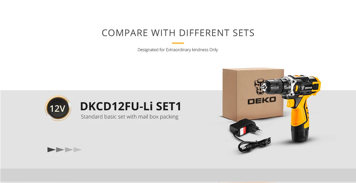 DEKO 12V 16V 20V SET1 Berbequim sem fio 2 velocidades Aparafusadora elétrica DIY Mini chave de fendas sem fio Bateria de iões de lítio DC 3/8 polegadas