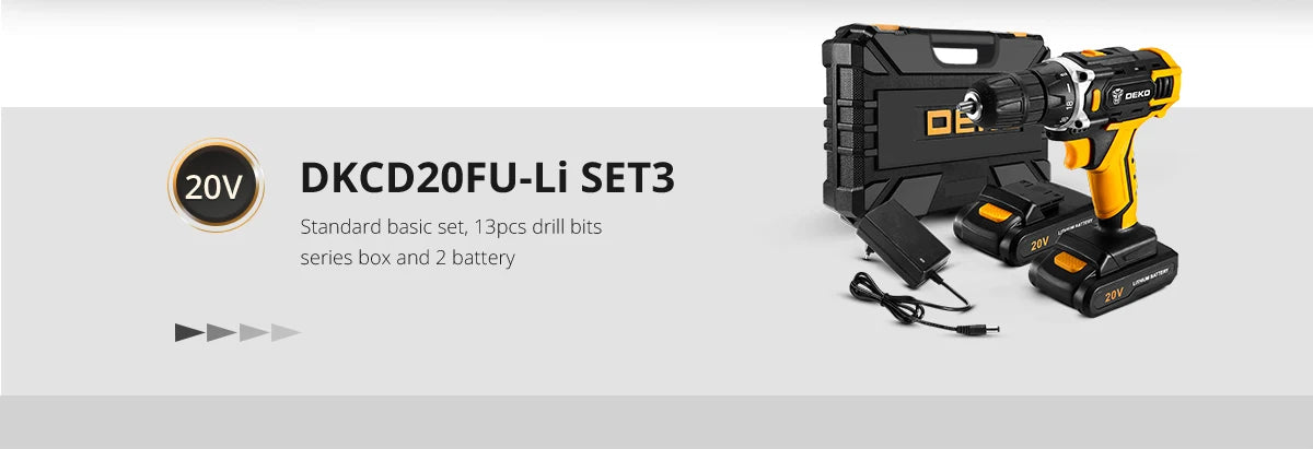 DEKO 12V 16V 20V SET1 Berbequim sem fio 2 velocidades Aparafusadora elétrica DIY Mini chave de fendas sem fio Bateria de iões de lítio DC 3/8 polegadas