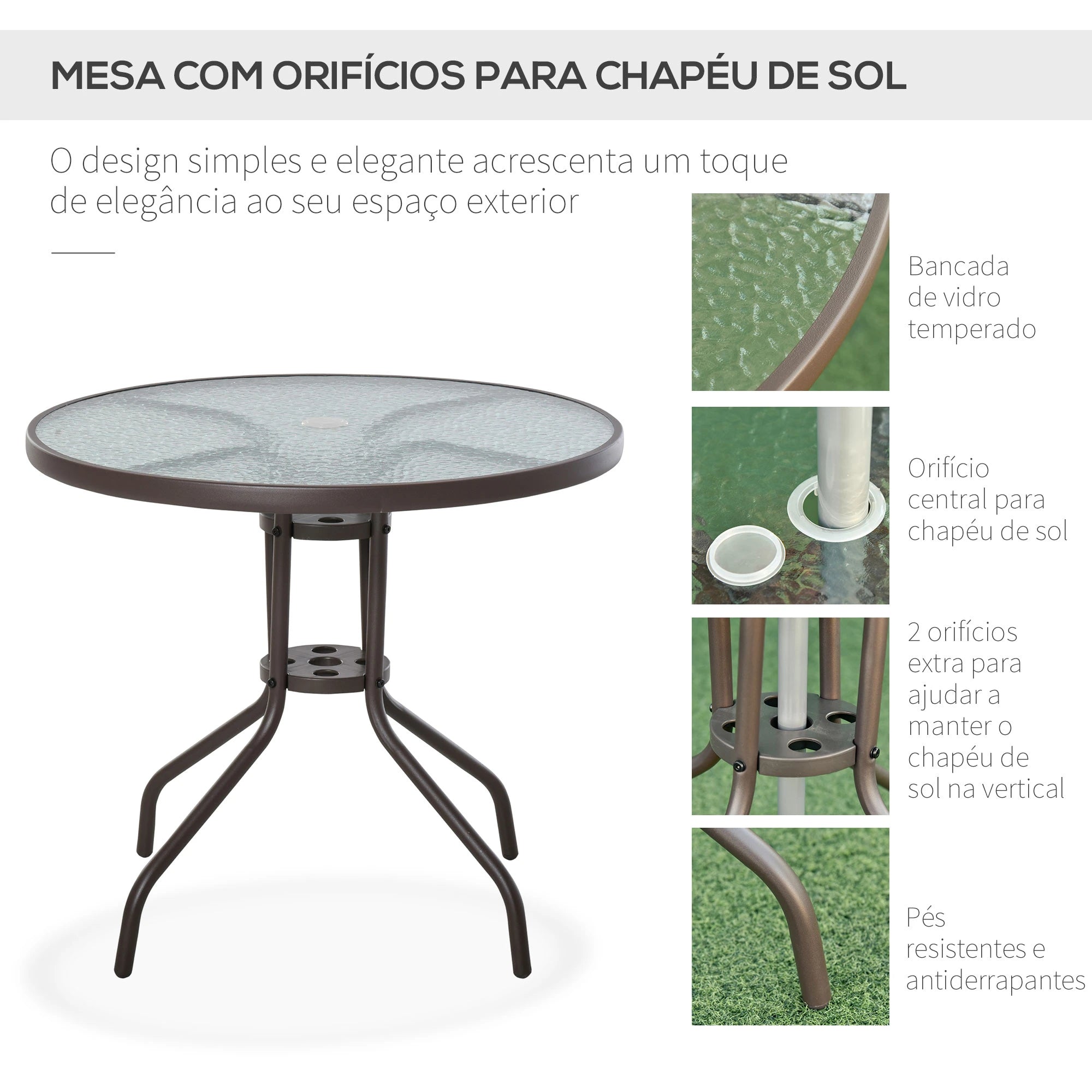 Conjunto de Jardim Refeição 6 Peças com 4 Cadeiras Dobráveis Mesa com Bancada de Vidro e Chapéu de Sol Bege