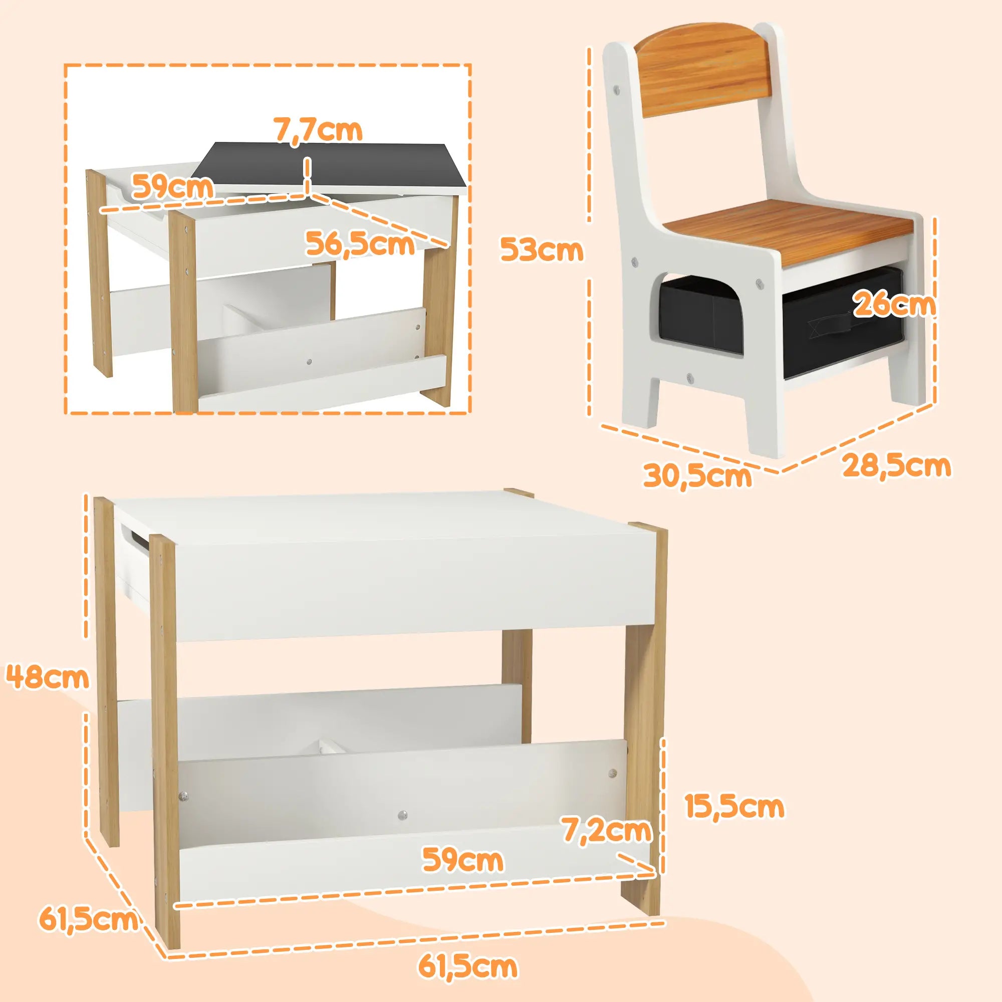 Conjunto de Mesa e 2 Cadeiras Infantis 2 em 1 com Ardósia Gavetas de Tecido e Espaço de Armazenamento para Quarto Cinza