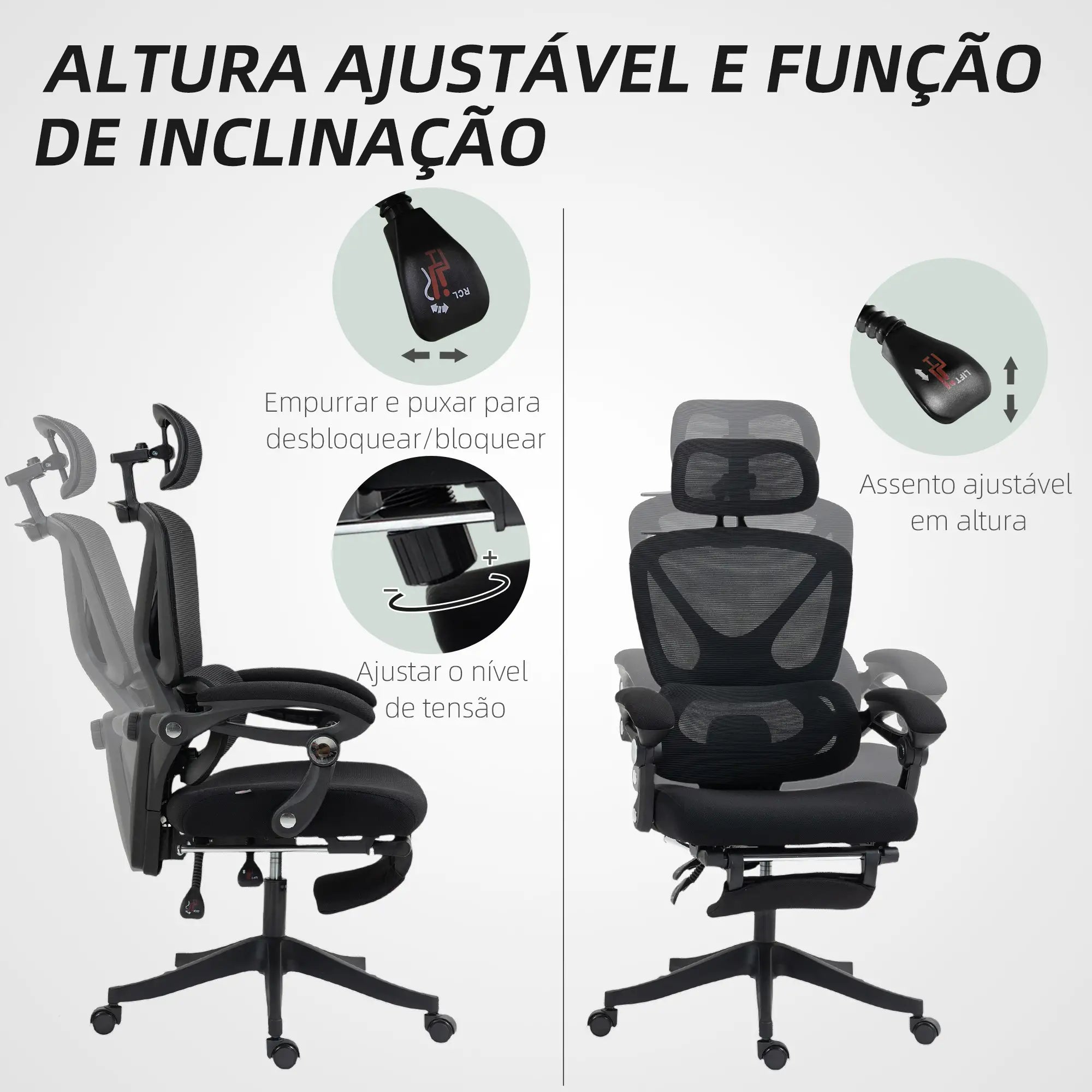 Cadeira de Escritório de Malha com Apoio para a Cabeça Suporte Lombar Apoio para os Pés Função de Inclinação 71x70x109-119 cm Preto
