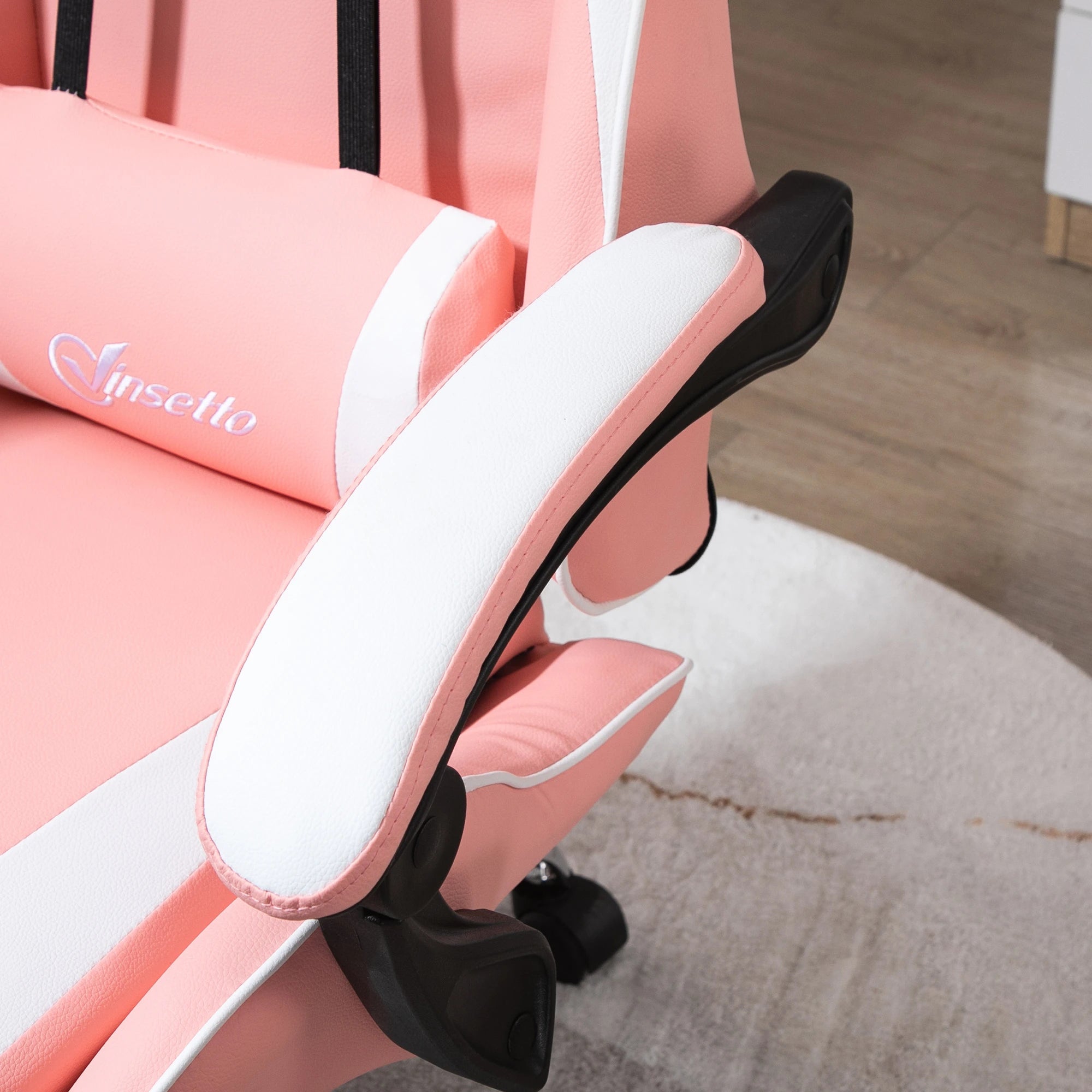 Cadeira Gaming Ergonômica Cadeira Reclinável com Altura Ajustável Apoio para a Cabeça e Lombar 63x67x122-130cm Rosa e Branco