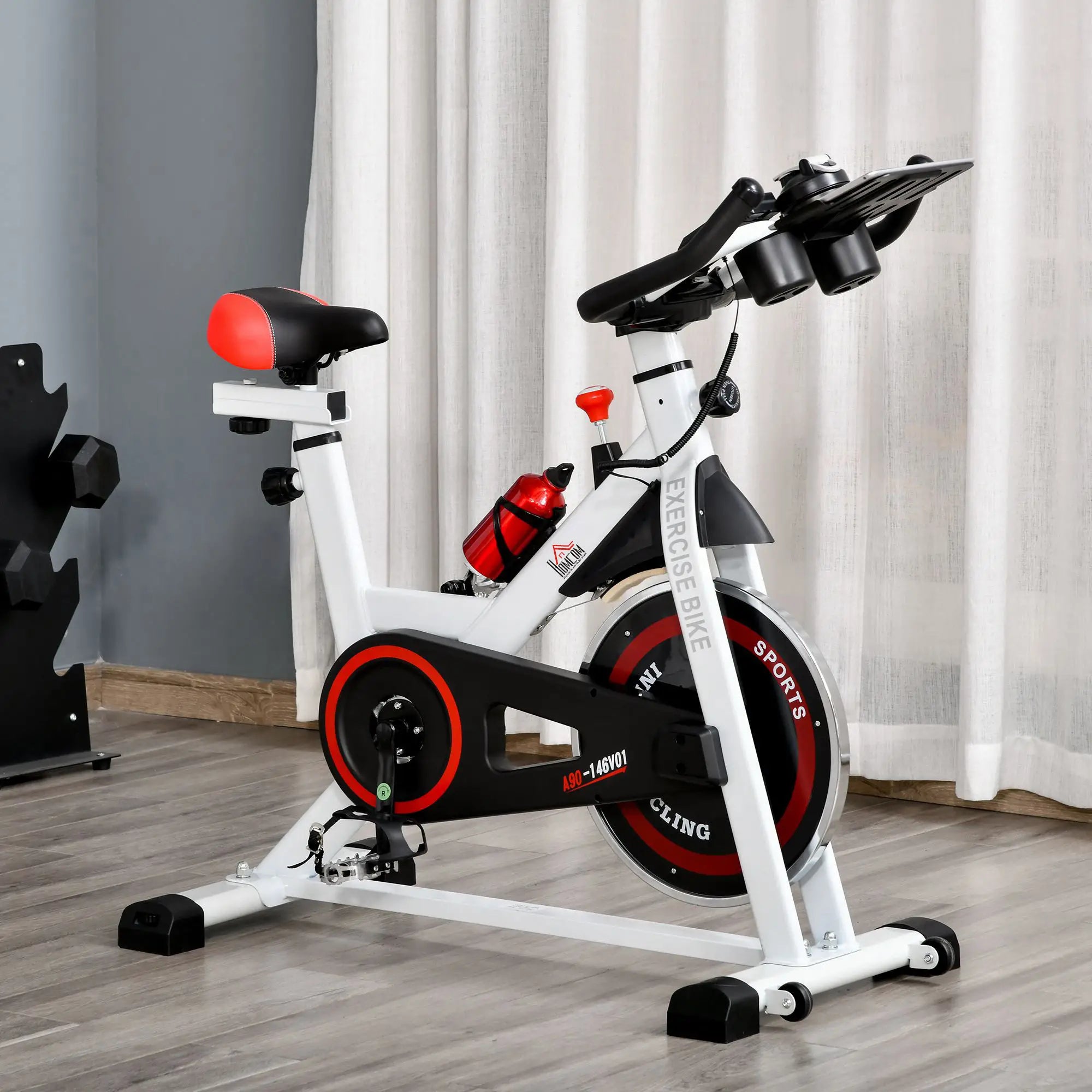 Bicicleta estática com tela LCD Sela ajustável Volante 8 kg Carga 100 kg 103x53x110-114 cm Branco