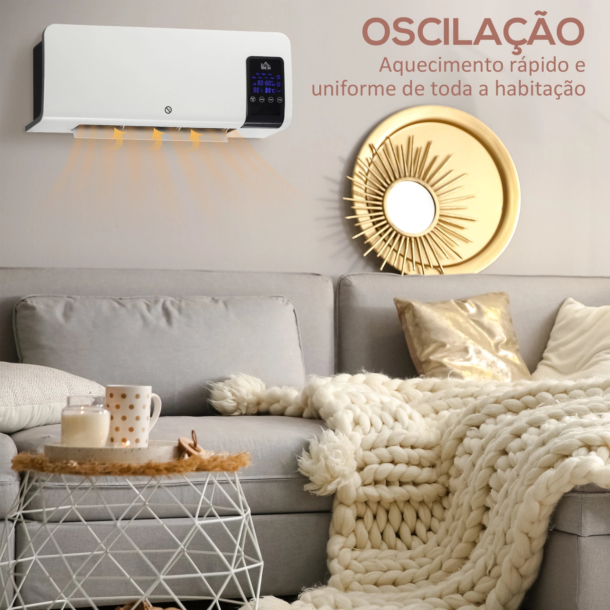 Aquecedor Elétrico de Parede 1000W/2000W Aquecedor com Ecrã LED Controlo Remoto Termostato Temporizador 54,5x12x21,5cm Branco