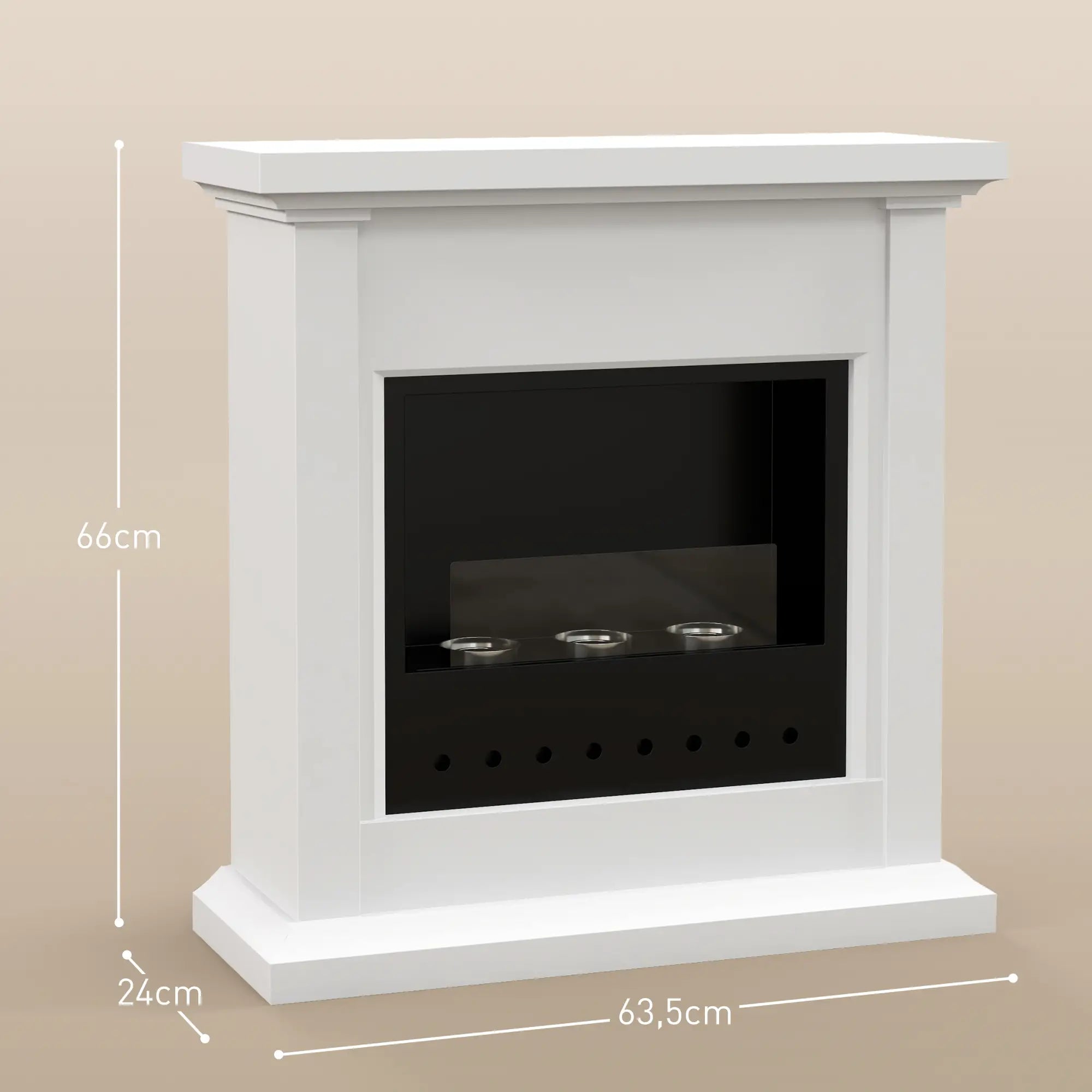 Lareira de Bioetanol com Depósito de 1,2L Tempo de Combustão 3H para Interiores 16-18 m² 63,5x24x66 cm Branco