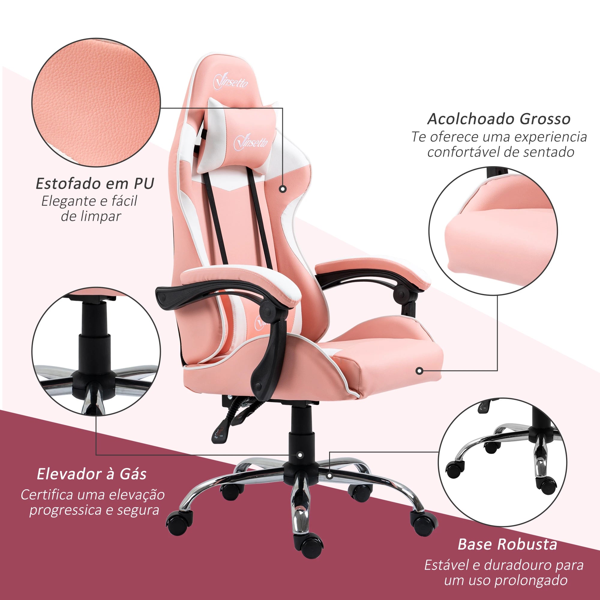 Cadeira Gaming Ergonômica Cadeira Reclinável com Altura Ajustável Apoio para a Cabeça e Lombar 63x67x122-130cm Rosa e Branco