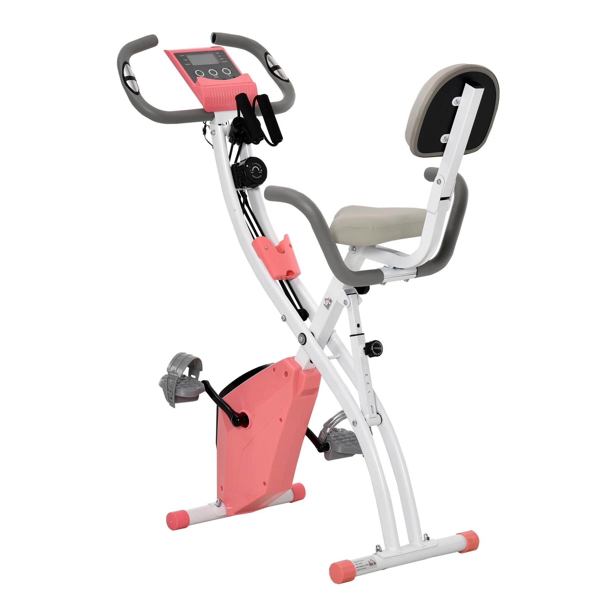 Bicicleta Estática Dobrável com Encosto e Faixa Elástica Rosa