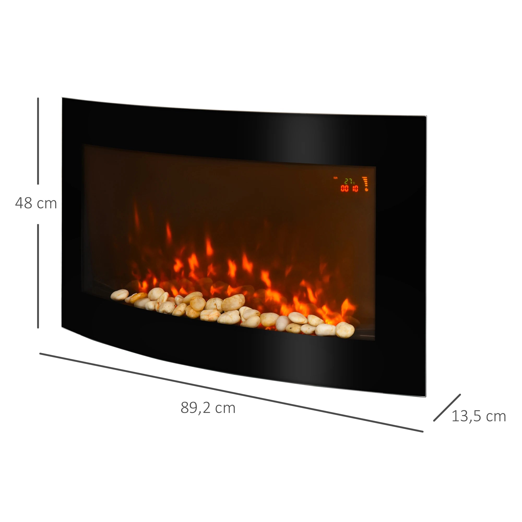 Lareira Elétrica de Parede com Efeito de Chama Realista Luzes LED e Potência Ajustável 1000W/2000W 89,2x13,5x48cm Preto