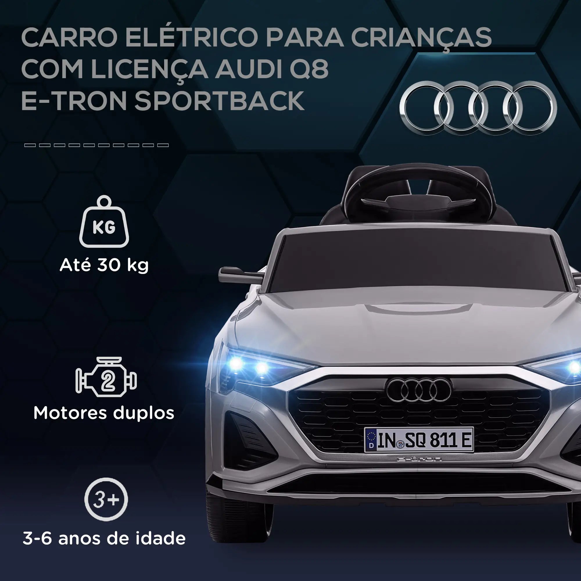Carro Elétrico para Crianças Carro Audi Q8 Etron Sportback Infantil 12V Faróis Buzina e Música 98x49,5x43 cm Cinza