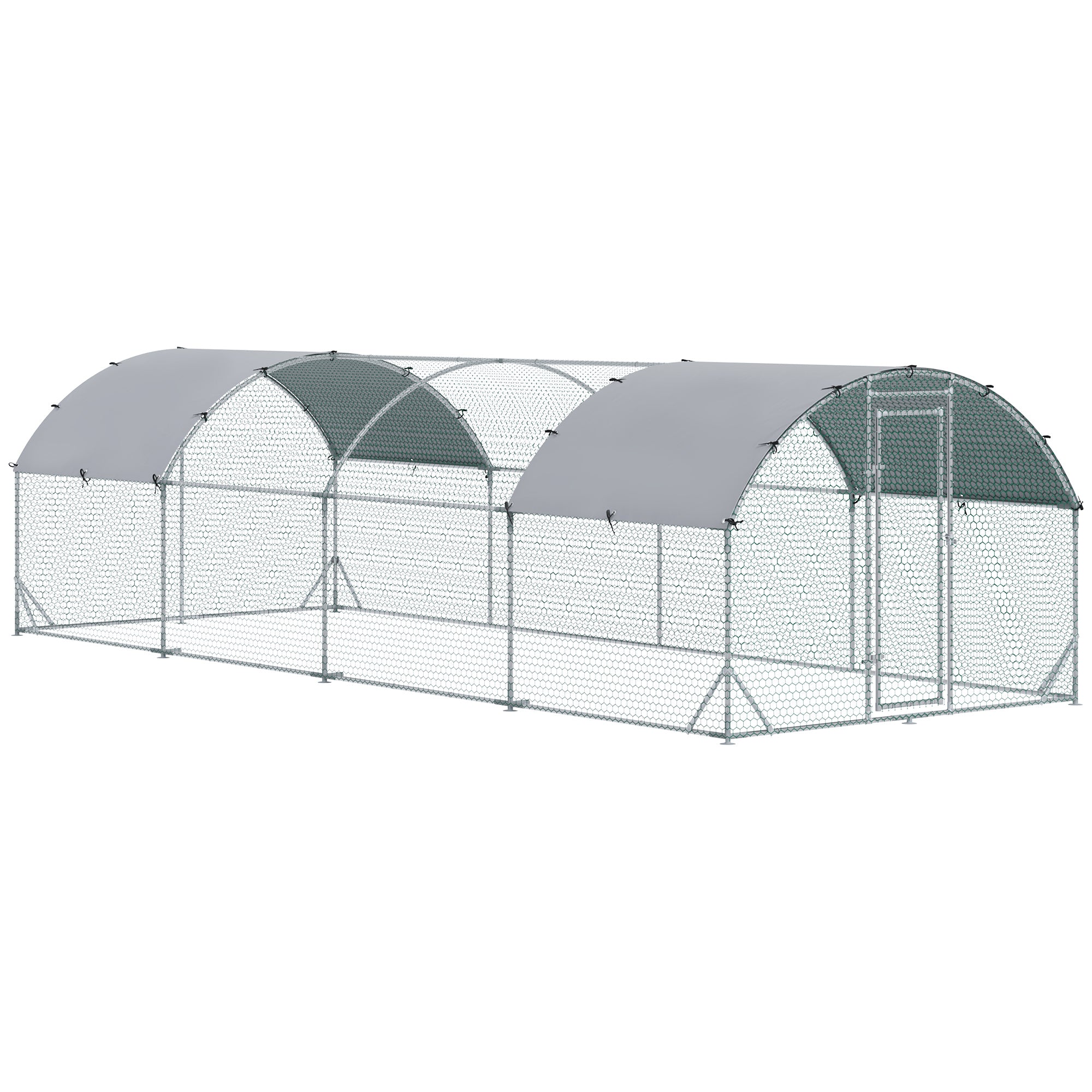 Galinheiro para Exterior para 16-24 Galinhas de Aço Galvanizado com Teto de Tecido Oxford 2,8x7,60x1,97 m Prata