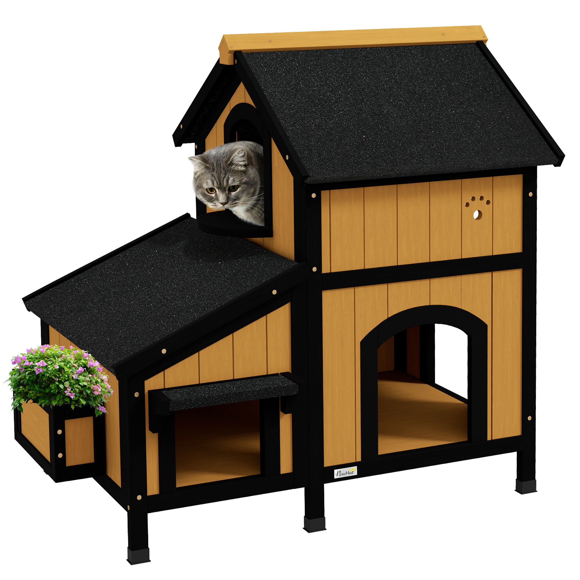 Casa para Gatos de Madeira com Suporte para Flores de 2 Níveis e Teto Asfáltico 96x65x85,5 cm Cinza