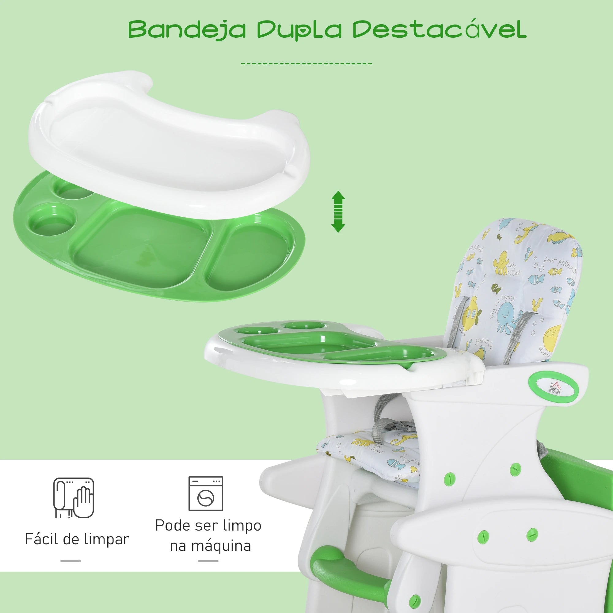 Cadeira para bebês 3 em 1 ajustável verde com mesa integrada