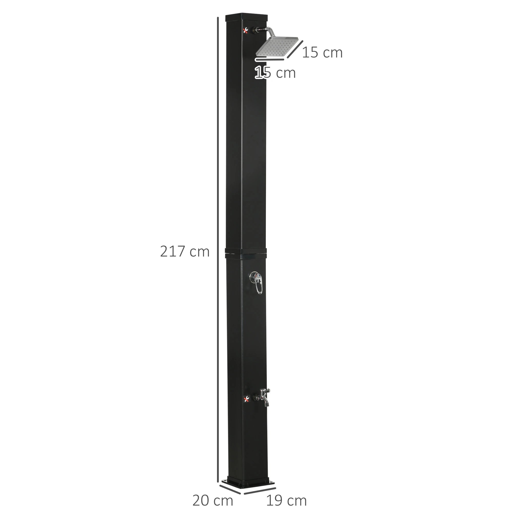 Duche Solar Exterior 40L Duche de Jardim com Cabeçal Torneira Água Quente até 60℃ e Duche de Pés 19x20x217 cm Preto