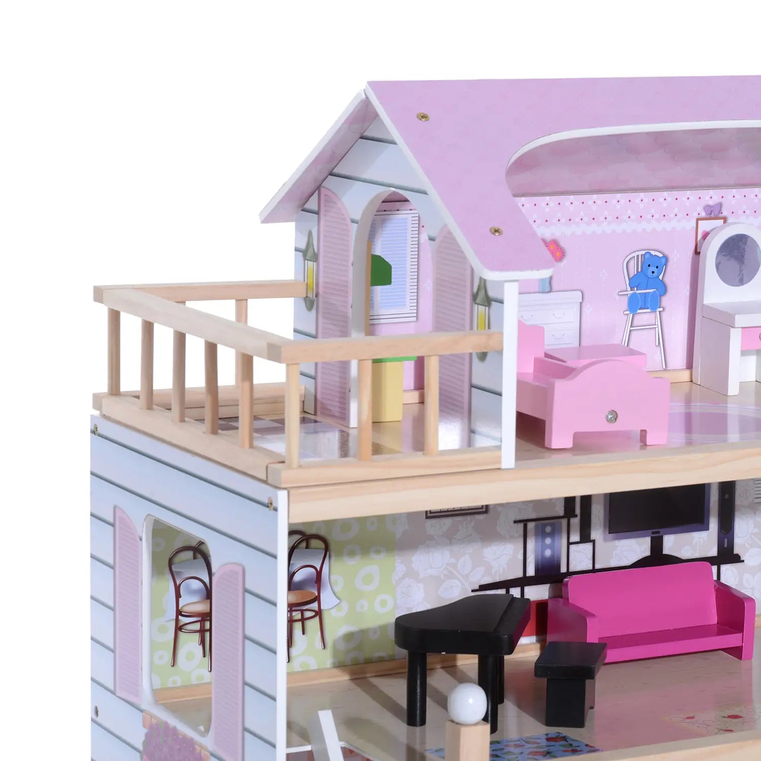 Casa de Bonecas com Móveis 4 Andares e 13 Acessórios Rosa