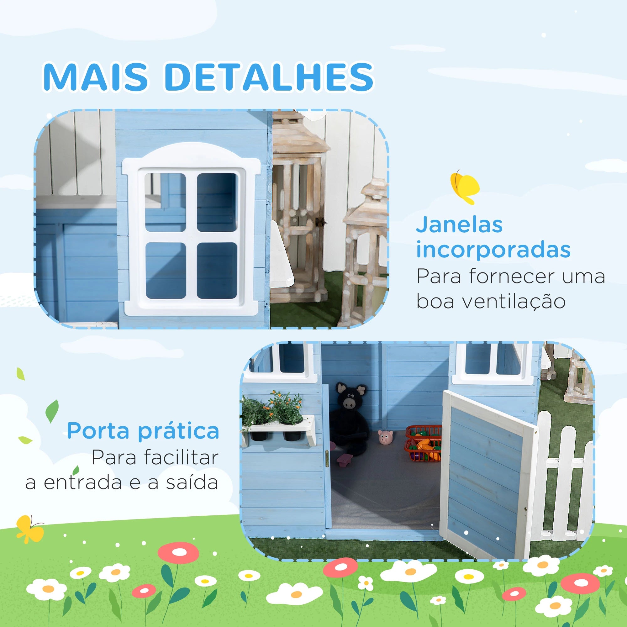 Casa de madeira para crianças azul com porta e janelas para exterior