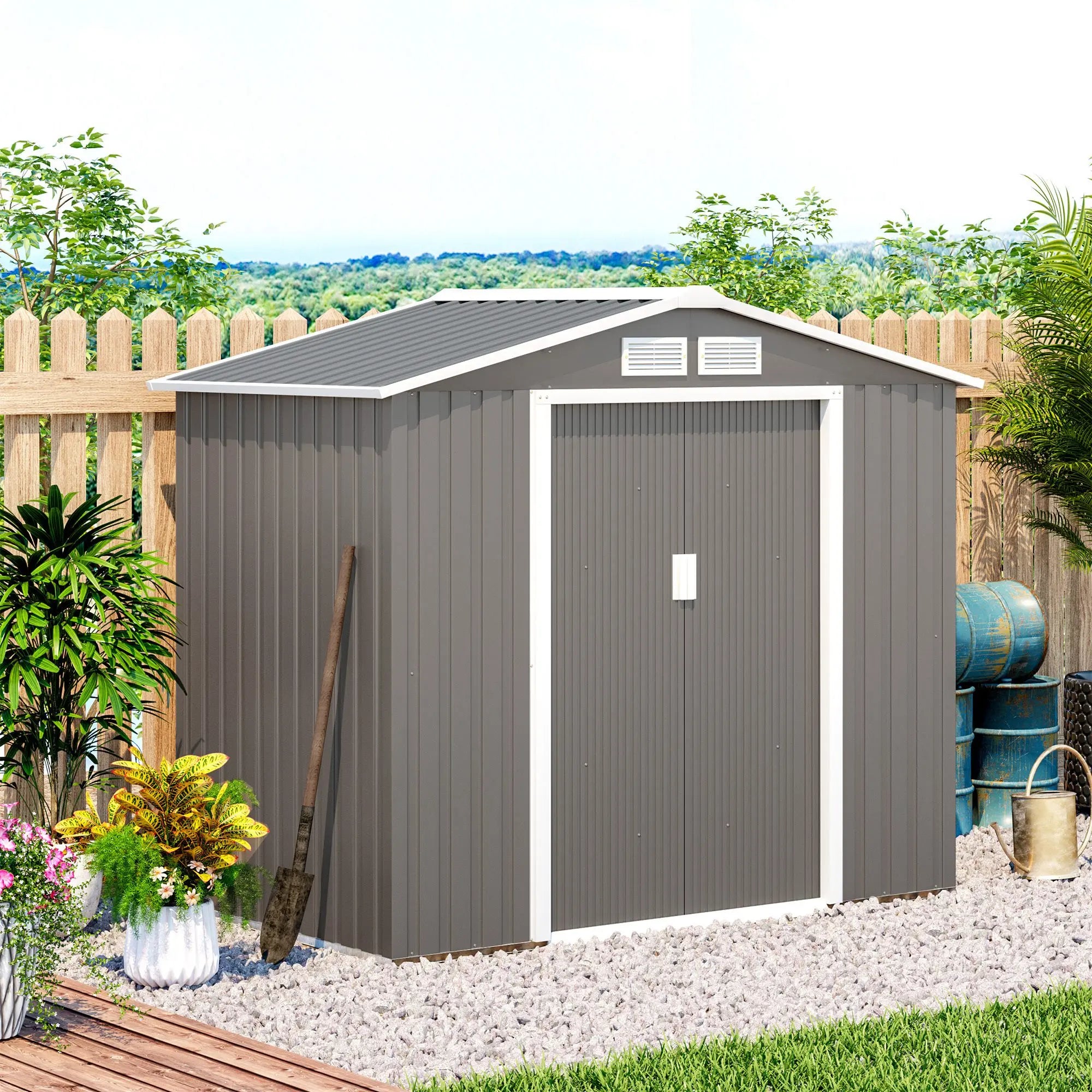 Abrigo de Jardim 213x130x185cm Abrigo de Jardim Metálico de Exterior com 2 Portas Deslizantes e 4 Janelas Cinza Claro