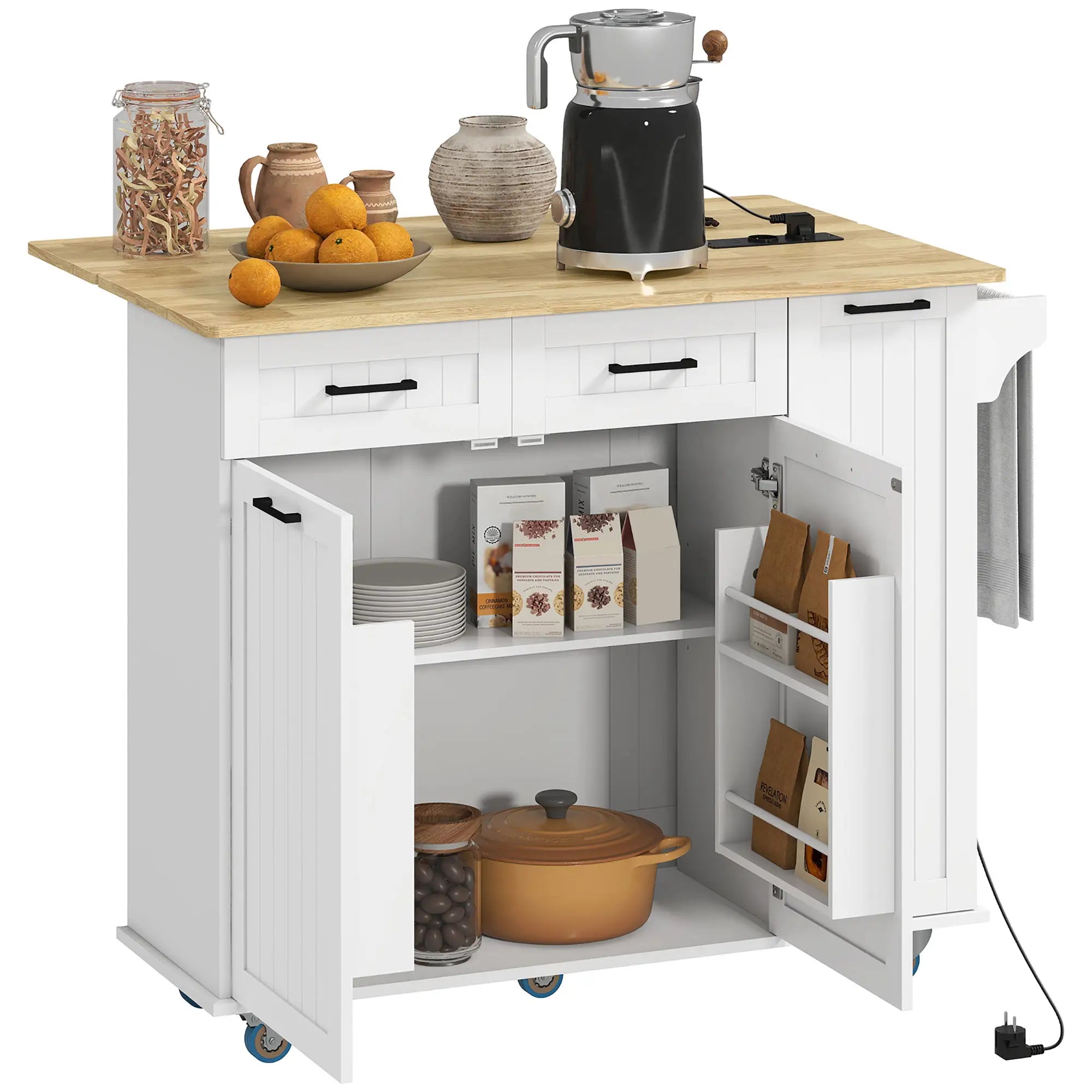 Ilha de Cozinha com Rodas Carrinho de Cozinha com Tomada USB Bancada Rebatível 2 Gavetas 119,5x74x94,5 cm Branco