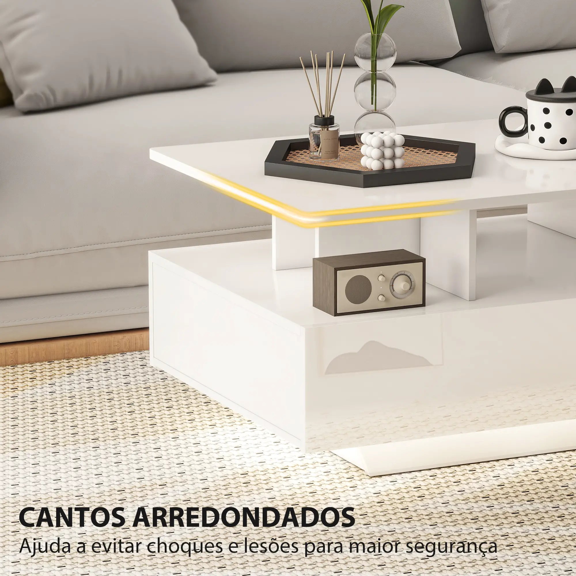 Mesa de Centro Moderna com LED 4 Gavetas Prateleira Aberta e Luzes LED de 16 Cores 90x55x41 cm Branco Brilhante