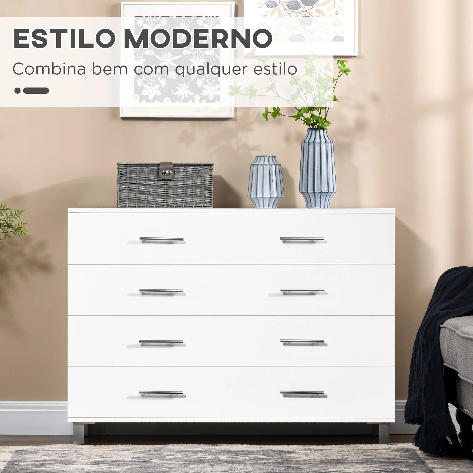 Cómoda com 4 Gavetas Cómoda de Dormitório de Estilo Moderno para Sala de Estar Entrada Corredor 112x38,2x81cm Branco