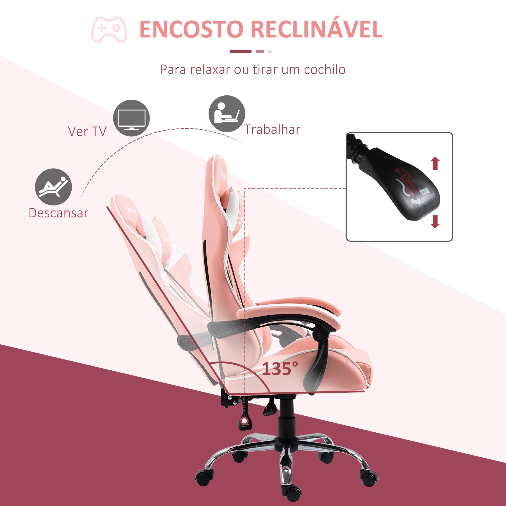 Cadeira Gaming Ergonômica Cadeira Reclinável com Altura Ajustável Apoio para a Cabeça e Lombar 63x67x122-130cm Rosa e Branco