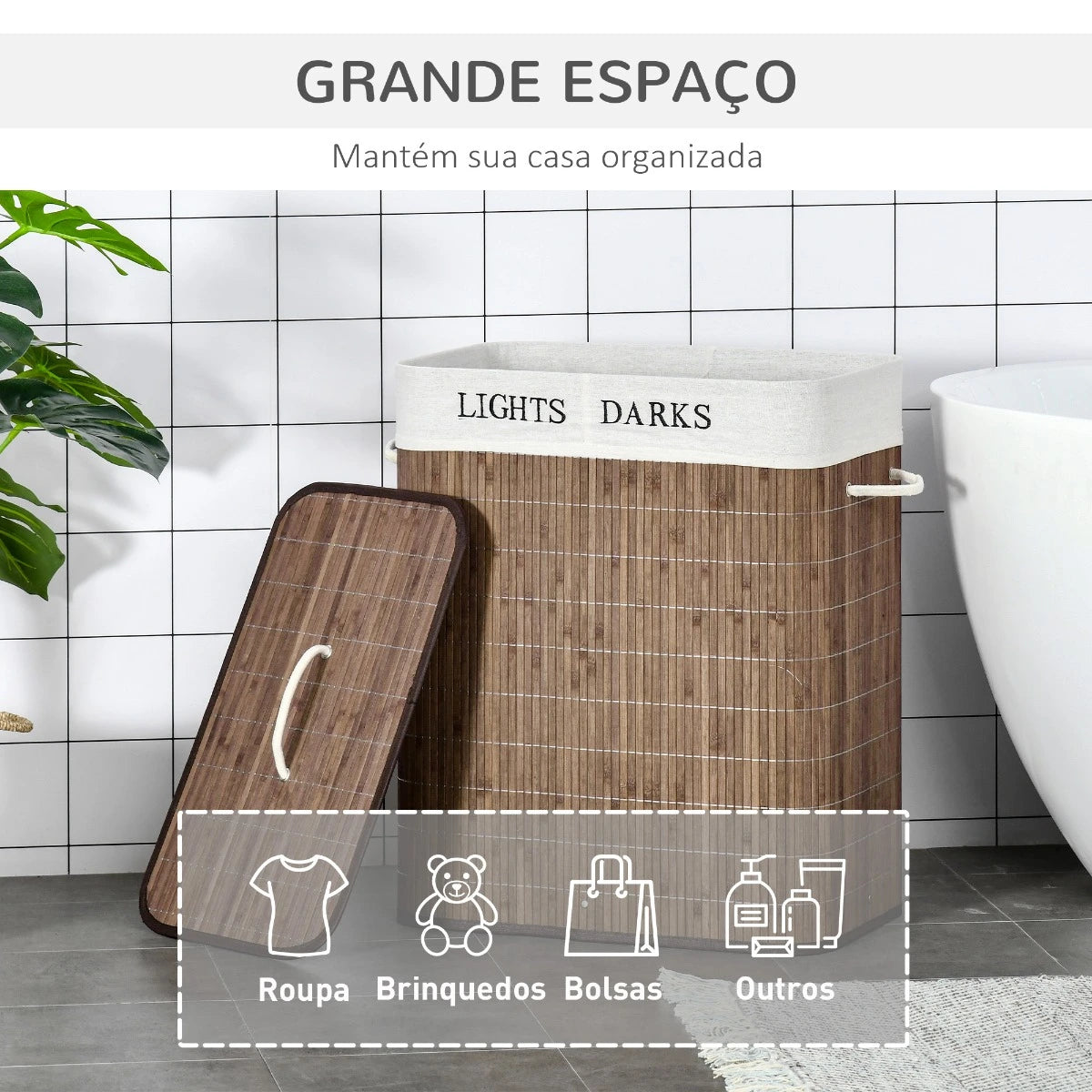 Cesto de Roupa de Bambú 100L com Tampa e Dois Compartimentos
