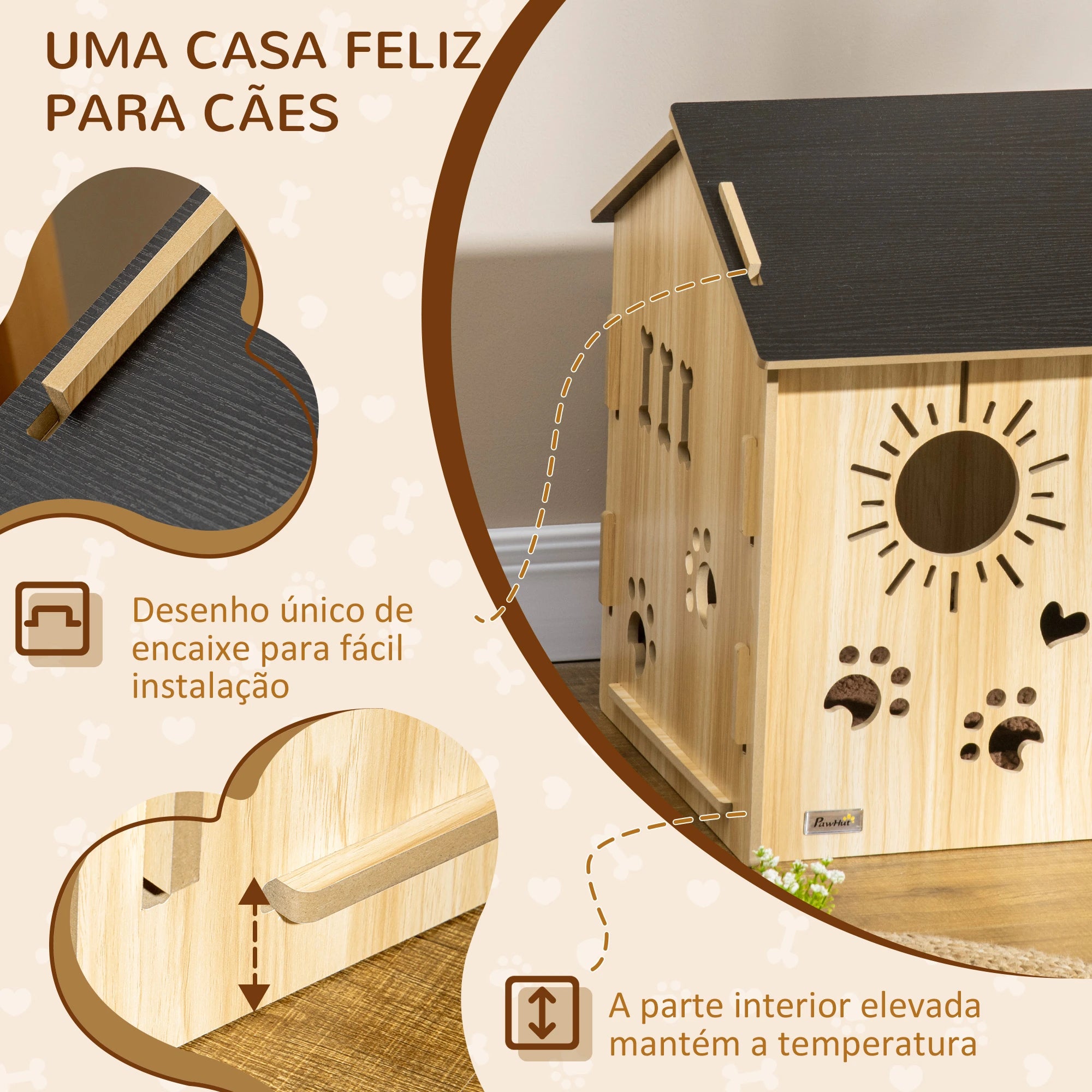 Casa de madeira para cães com porta e desenhos modernos 69x50x58,5cm