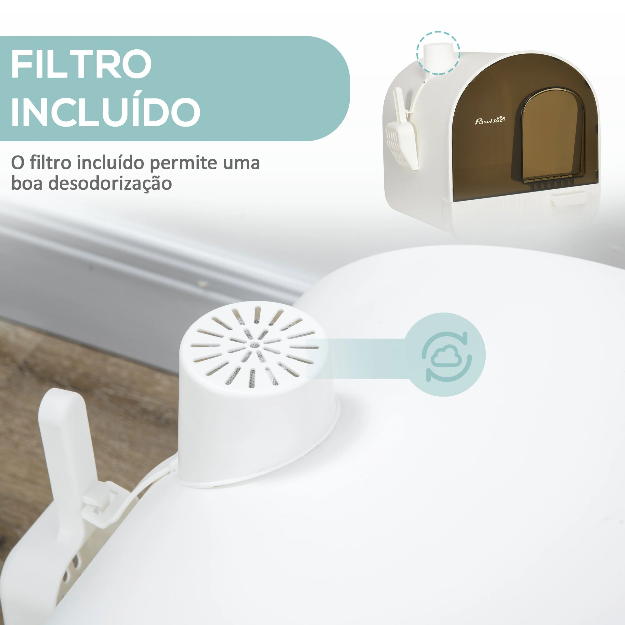 Caixa de Areia para Gatos com Porta Dianteira Bandeja Removível Pá Tapete e Filtro 43x44x47cm Branco