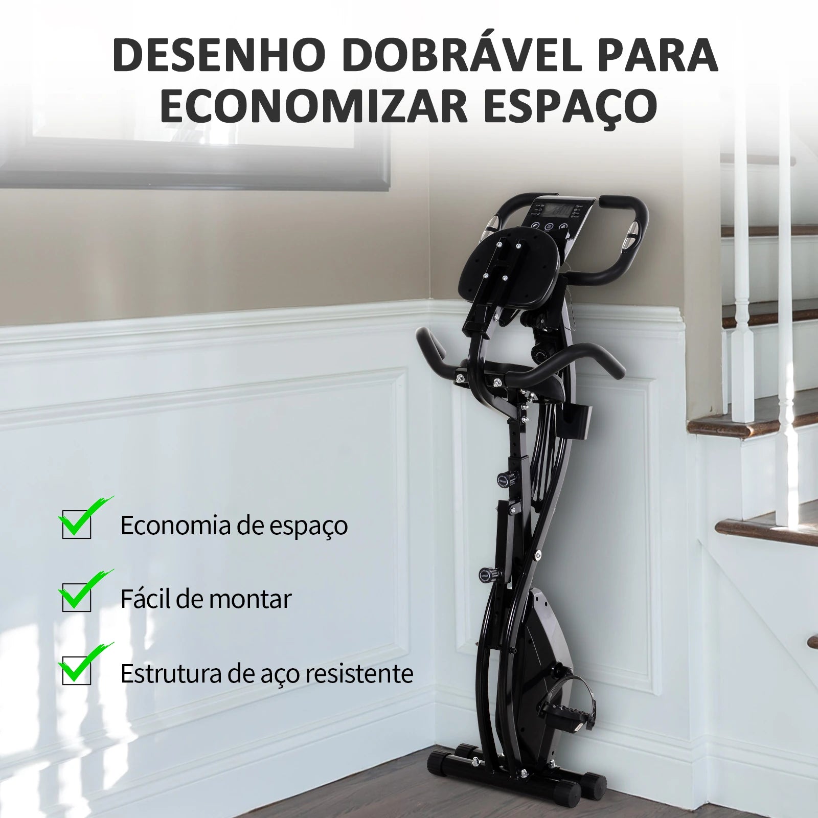 Bicicleta Ergométrica Dobrável com Encosto e Faixa Elástica Preto