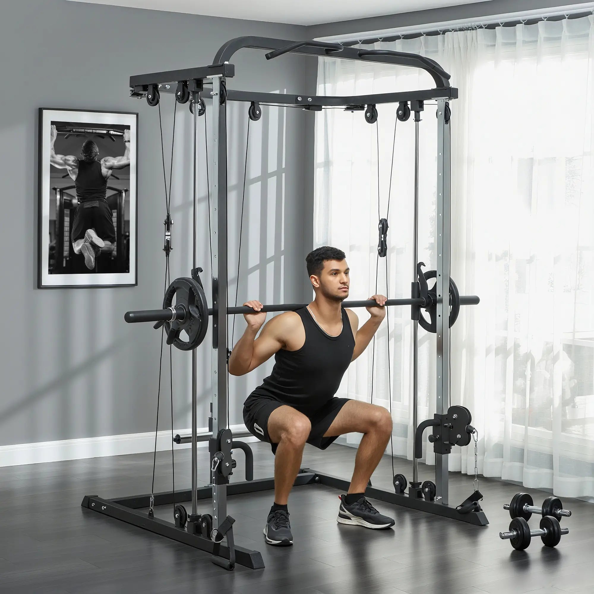 Máquina Multi Estação de Musculação Máquina de Musculação com Suporte para Agachamentos e Barra para Pesos 210x132x225 cm Preto