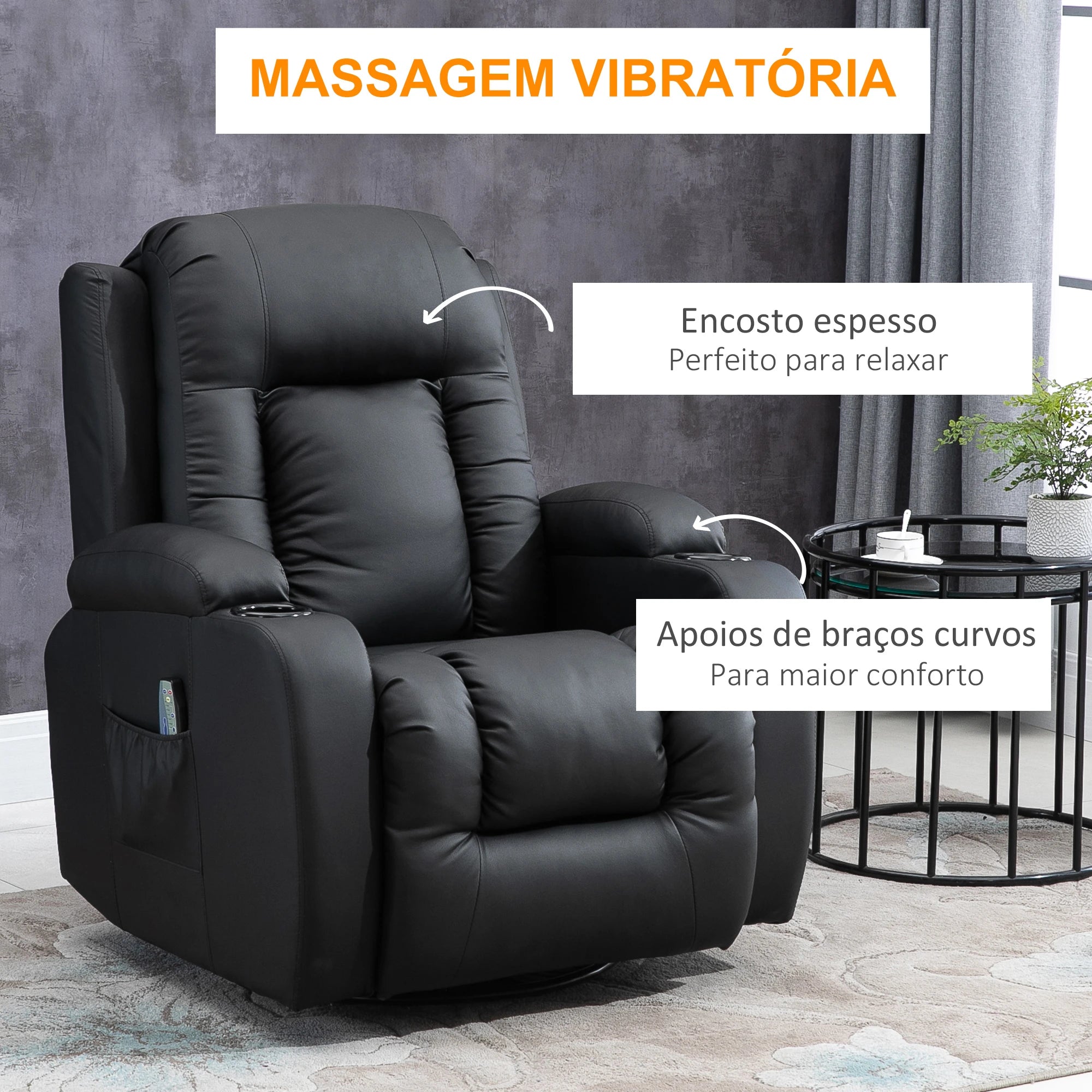 Poltrona de Massagem Reclinável até 150° com 8 Pontos de Massagem por Vibração Função de Aquecimento 85x94x104 cm Preto