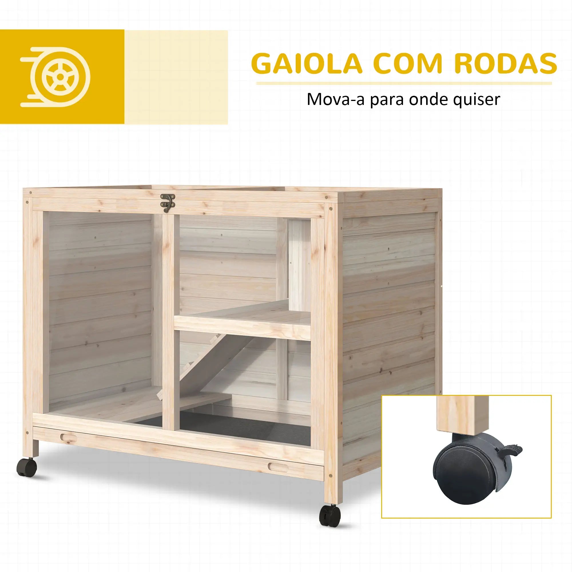 Coelheira de Madeira com Rodas e Dois Níveis para Coelhos