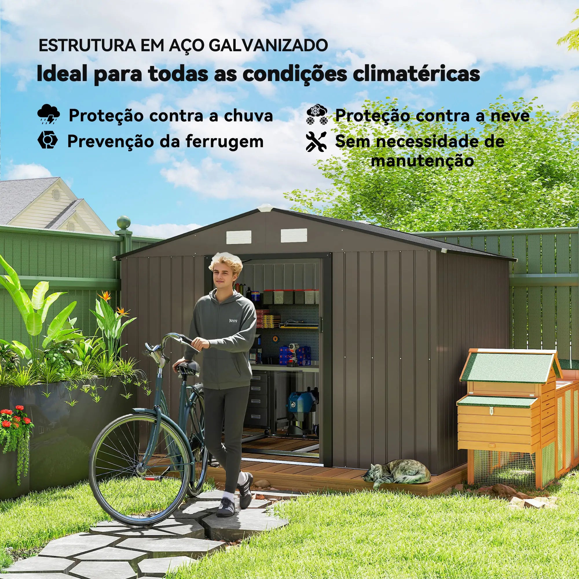 Abrigo de Jardim 277x195x192 cm Metálico para Armazenamento de Ferramentas com Base de Reforço Incluída Madeira