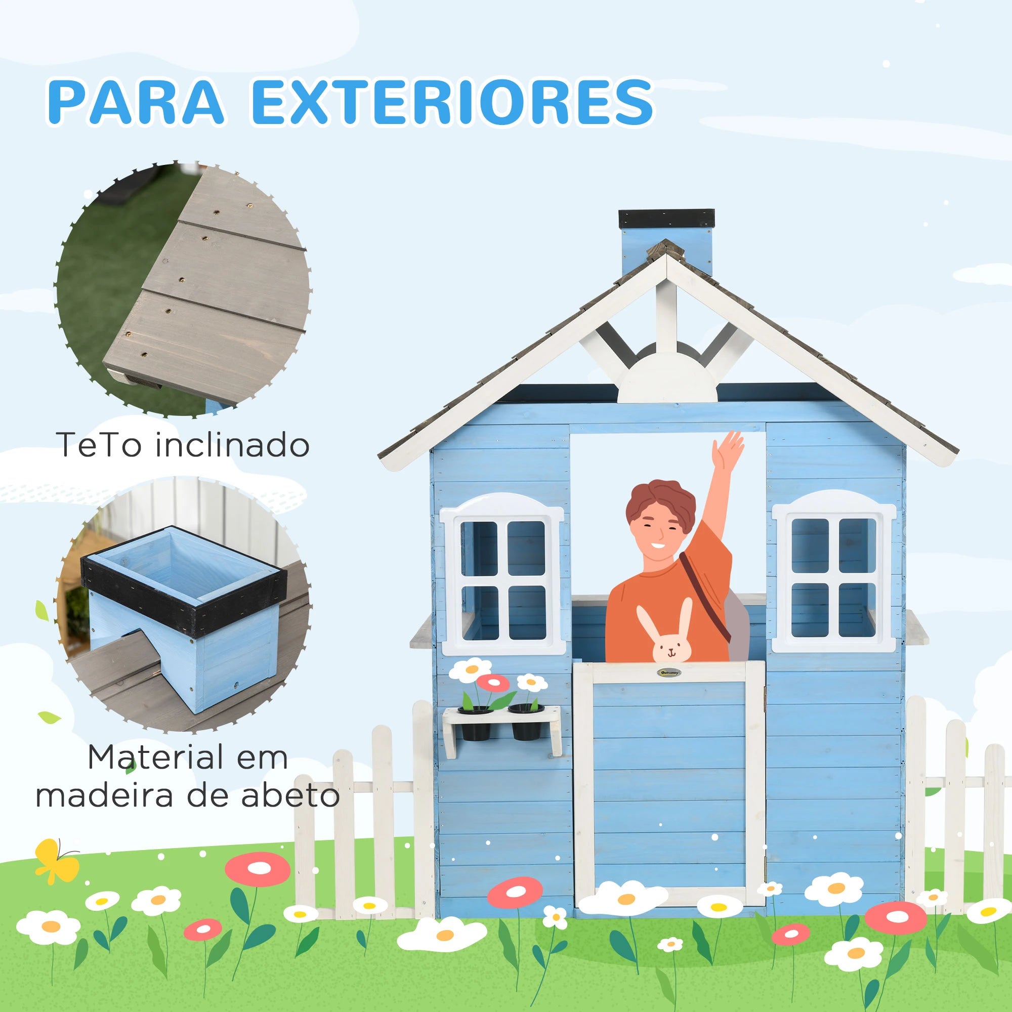 Casa de madeira para crianças azul com porta e janelas para exterior