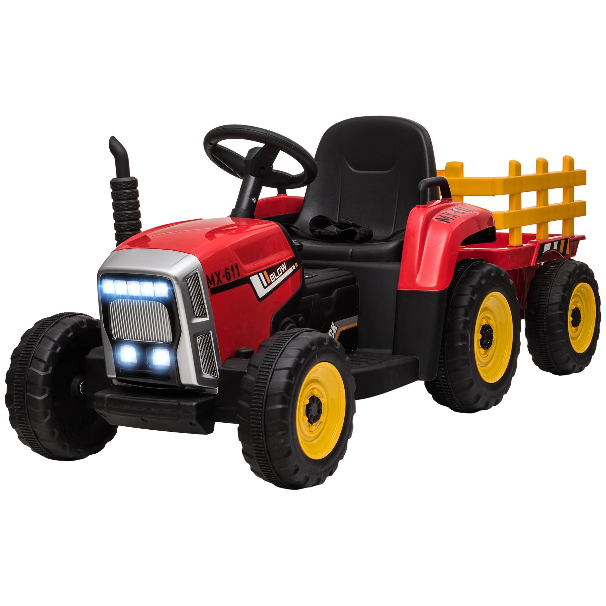 Trator Elétrico com Reboque Amovível com Controlo Remoto Música MP3 Luzes e Cinto de Segurança 136,5x50x52,5 cm Vermelho
