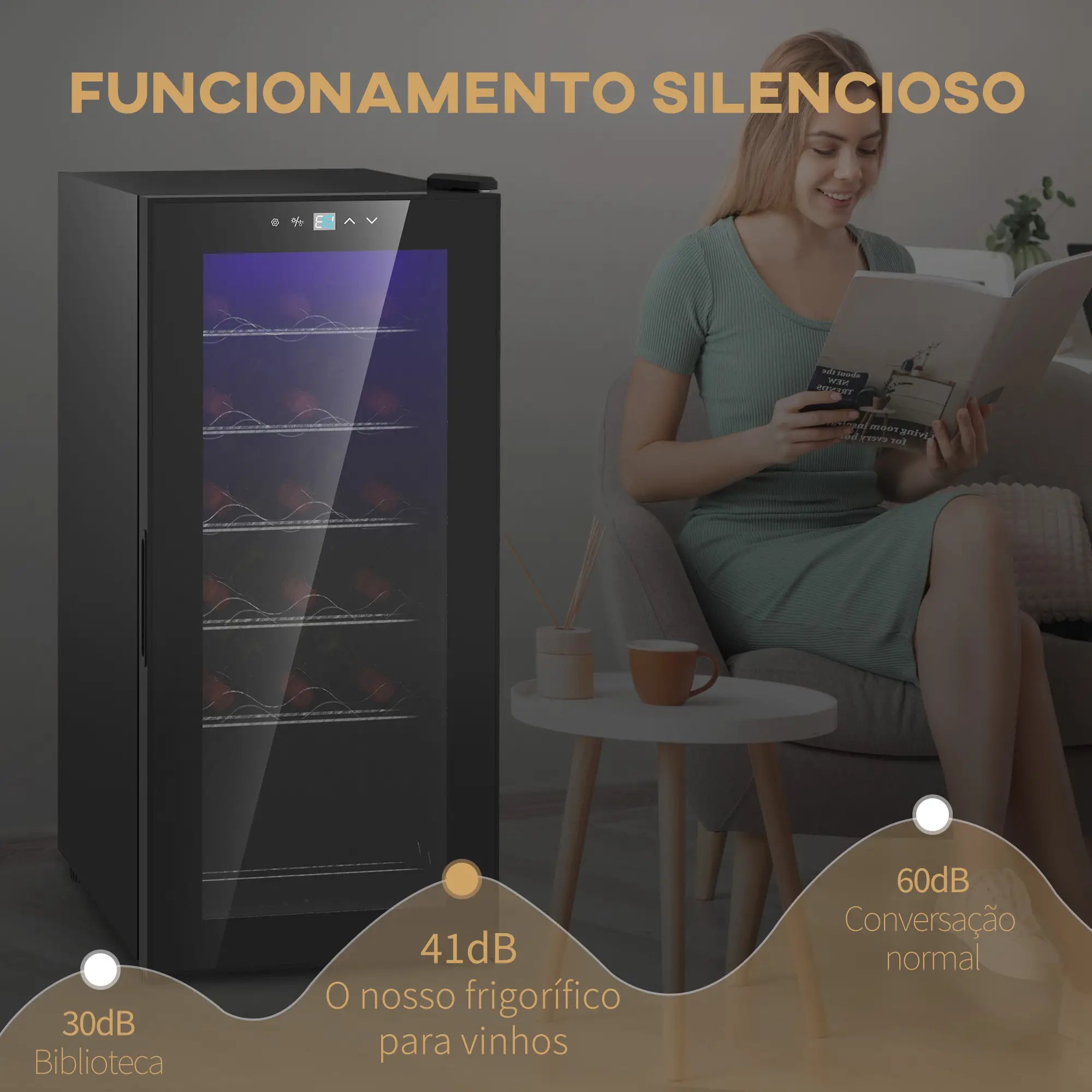 Cave de Vinho 18 Garrafas com Luz LED Ecrã Tátil Digital Controlo de Temperatura Porta de Vidro e 5 Prateleiras Preto