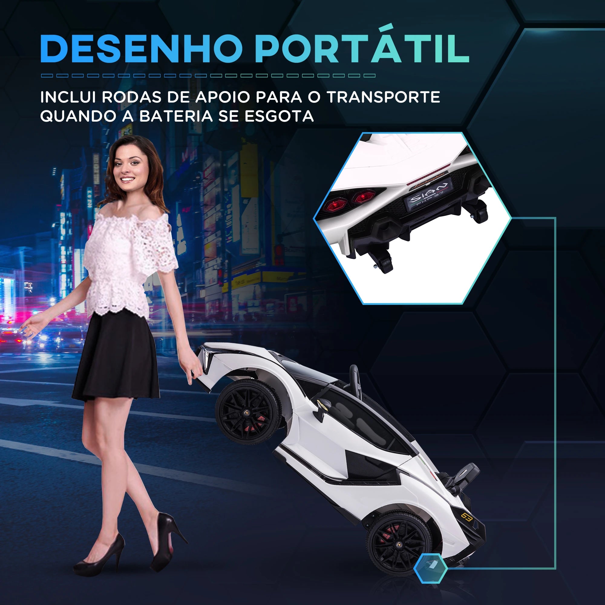 Carro Elétrico Lamborghini SIAN 12V com Controle Remoto Abertura da Porta Música MP3 USB e Faróis 108x62x40 cm Branco
