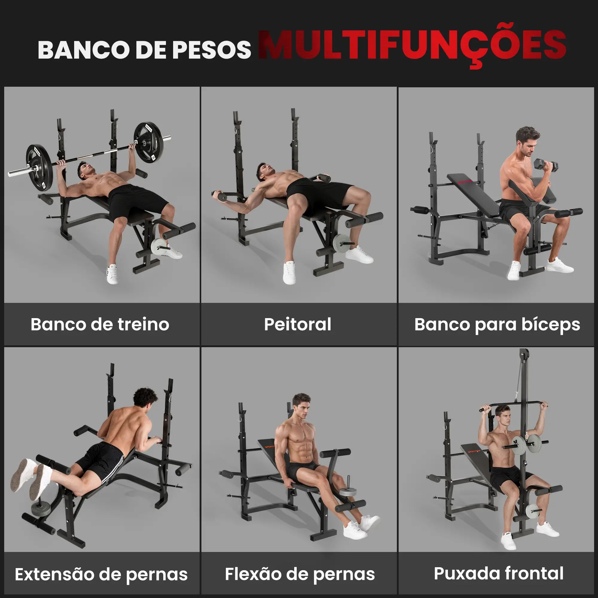 Banco de Musculação Multifuncional Inclinável com Suporte e Extensão de Pernas