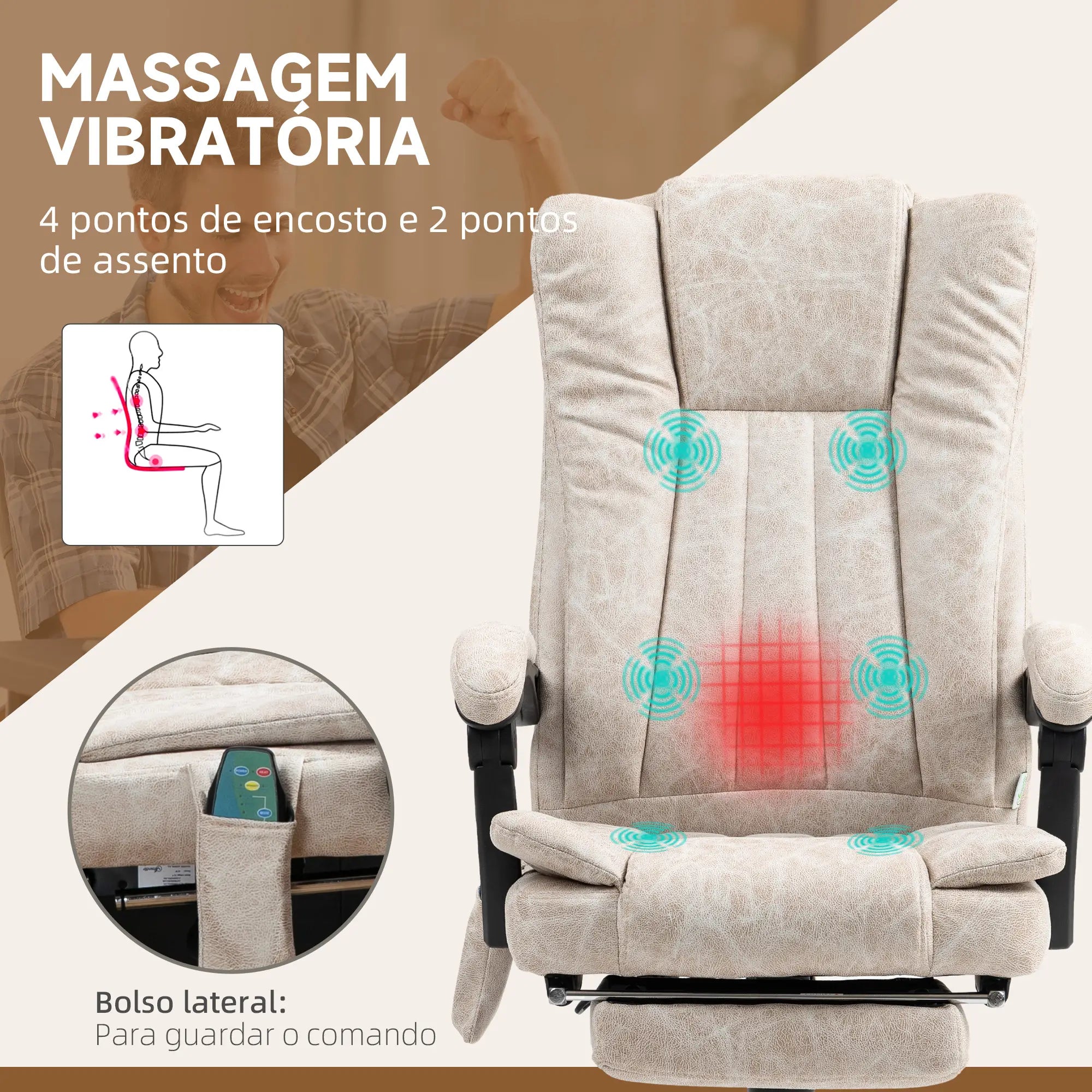 Cadeira de Massagem com 6 Pontos de Massagem com Função de Aquecimento Apoio para Pés e comando à distância castanha