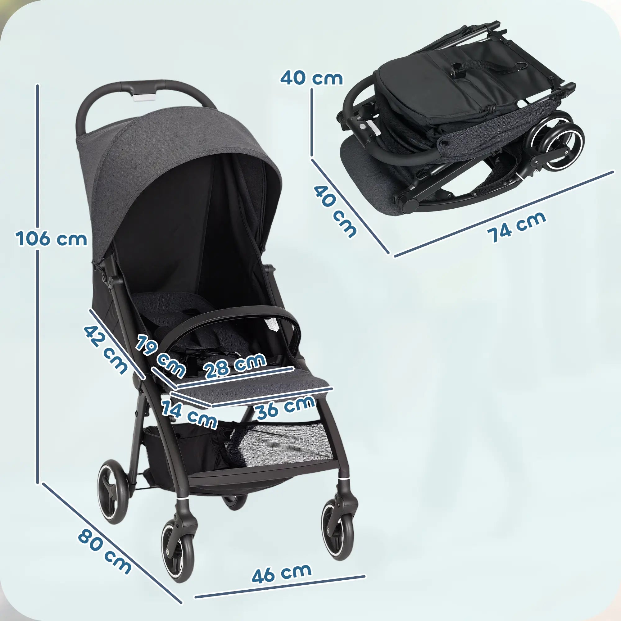 Carrinho de Bebé Dobrável com Encosto Reclinável Apoio para os Pés Ajustável Capota Cesto e Arnês Carga 15 kg Cinza Escuro