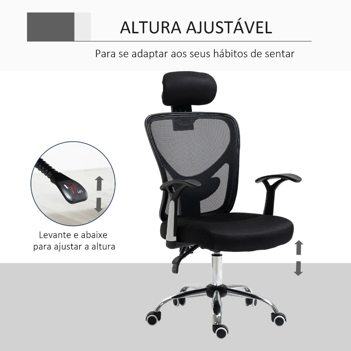 Cadeira de Escritório Ergonômica Cadeira de Escritório Giratória com Altura Ajustável Função Reclinável Apoio para a Cabeça e Suporte Lombar 65x67x108-118cm Preto