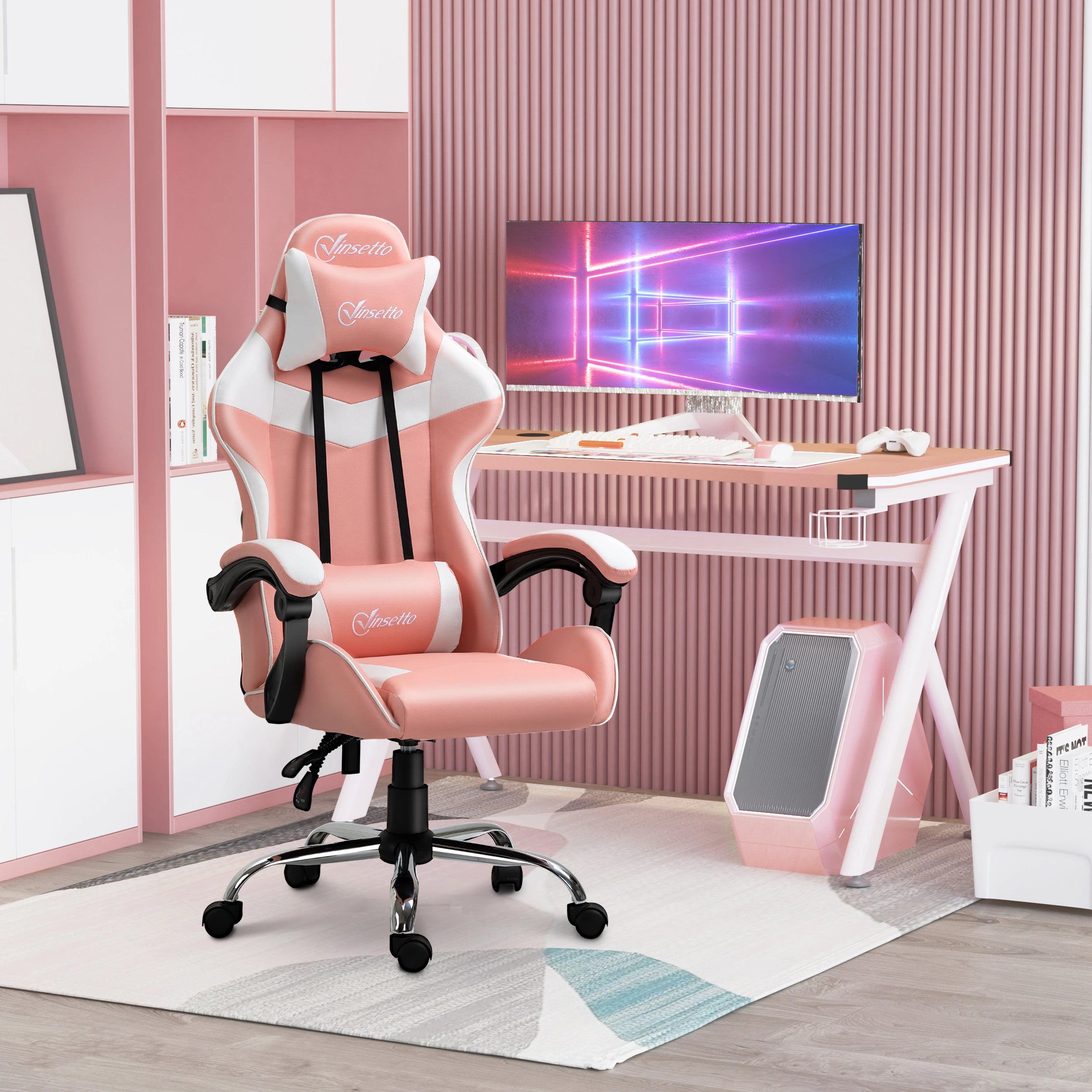 Cadeira Gaming Ergonômica Cadeira Reclinável com Altura Ajustável Apoio para a Cabeça e Lombar 63x67x122-130cm Rosa e Branco