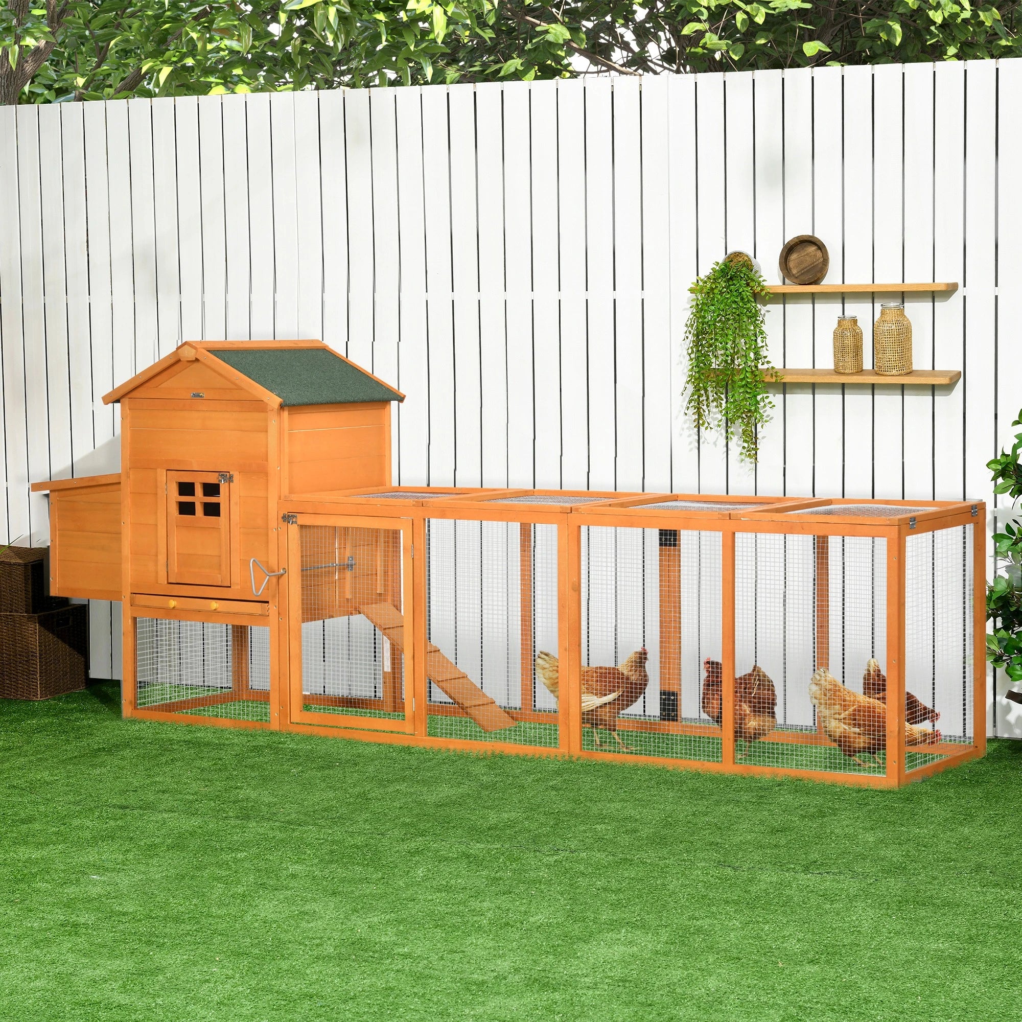 Galinheiro de Madeira para 3-6 Galinhas com Teto Asfáltico Porta com Trava Bandeja Amovível e Rampa 297,5x68x118cm Madeira