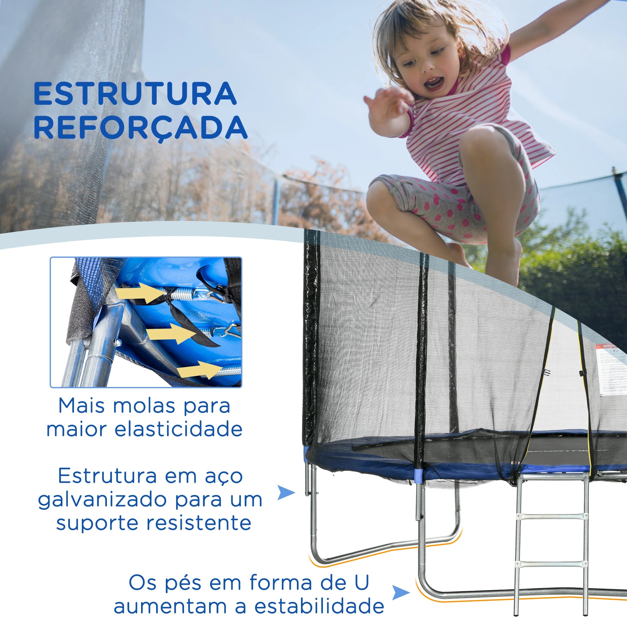 Trampolim de Exterior com Rede de Segurança para Crianças e Adultos Azul