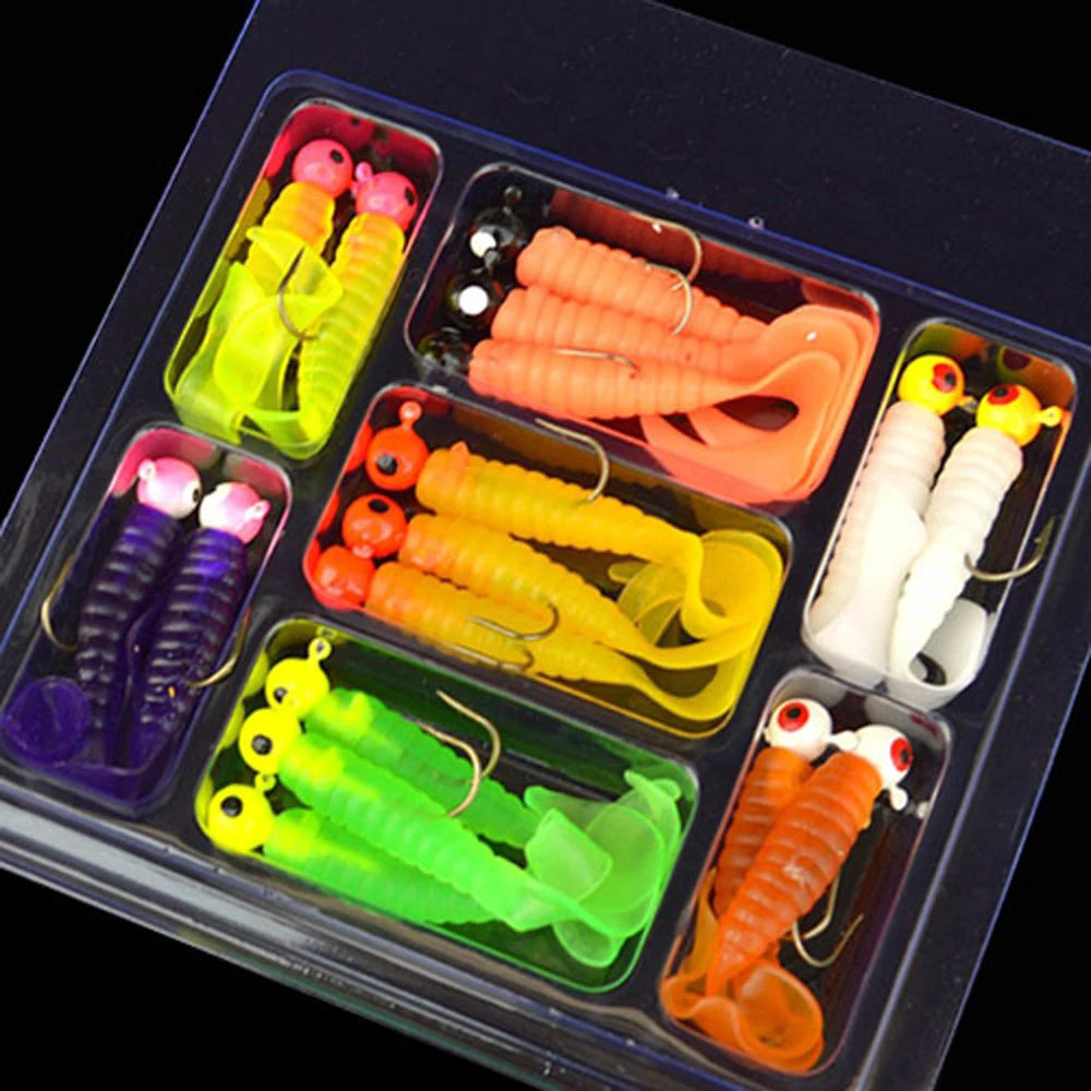 34 peças 1 conjunto 17 peças de anzóis de pesca em metal com cabeça de jig + 17 peças de isco de minhoca macio, isco artificial de silicone para peixes