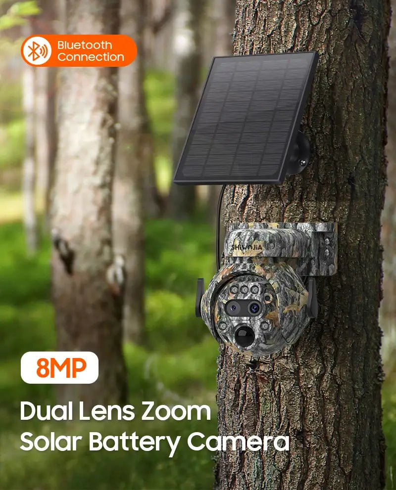 Câmara solar SHIWOJIA 12X ZOOM 4K 8MP, lente dupla 4G, visão 360°, camuflagem, câmara de caça ao ar livre a cores, bateria de 7800mAh, aplicação Ubox